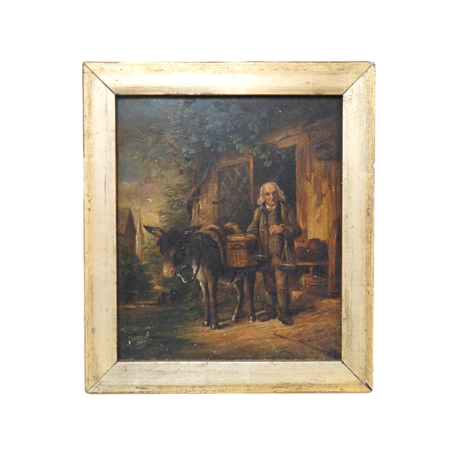 19th century, English School, oil on board, Study of a man and a donkey before a cottage, unsigned, 22 x 18cm. Condition - fair